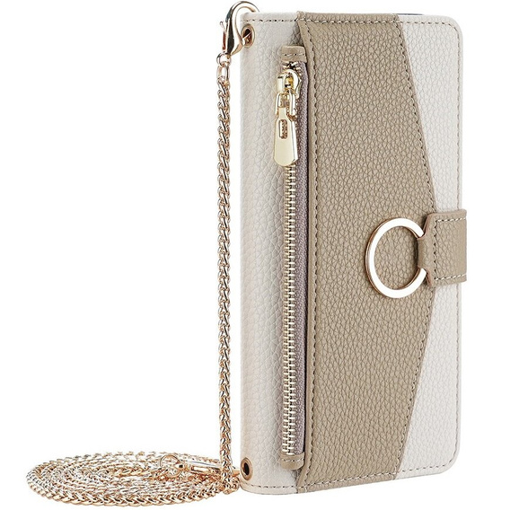 Etui z klapką do iPhone 15 Pro, Wallet Zipper Pocket, z lusterkiem, białe