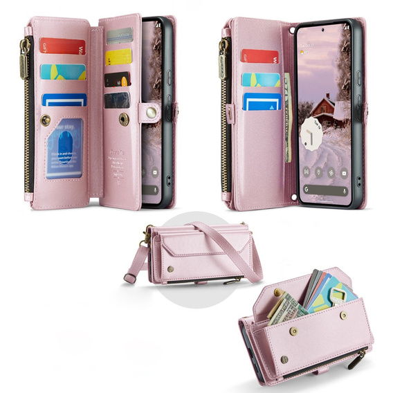 Etui CaseMe do Google Pixel 9a – portfelowe z zamkiem i paskami, różowe