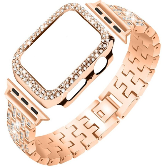 Bransoleta + Etui z Diamentami do Apple Watch 4/5/6/SE 44mm, Różowe rose gold