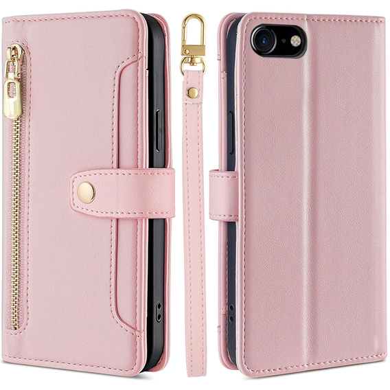 Etui z klapką do iPhone 16E, Wallet Zipper Pocket, różowe