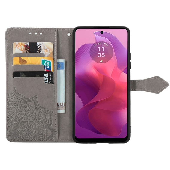 Etui z klapką do Motorola Moto E14, Mandala, szare