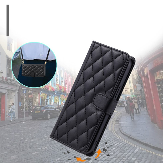 Etui z klapką do Samsung Galaxy S24 FE, Rhombus Crossbody Leather, czarne
