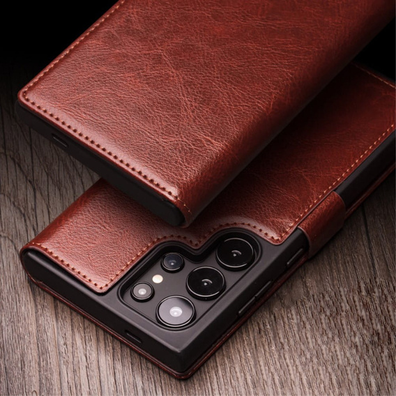 Etui z klapką do Samsung Galaxy S25 Ultra, QIALINO Leather Wallet, ciemnobrązowe