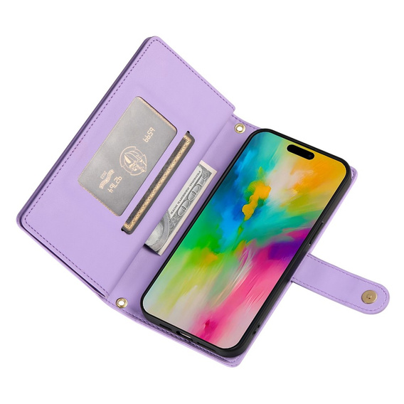 Etui z klapką do iPhone 16 Pro Max, Wallet Zipper Pocket, fioletowe