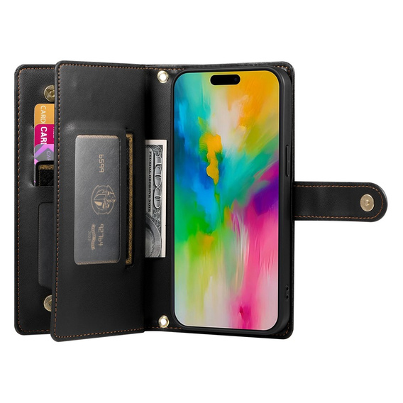 Etui z klapką do iPhone 16 Pro, Wallet Zipper Pocket, czarne