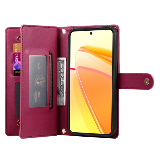 Etui z klapką do Oppo Reno 13 Pro 5G, Wallet Zipper Pocket, czerwone