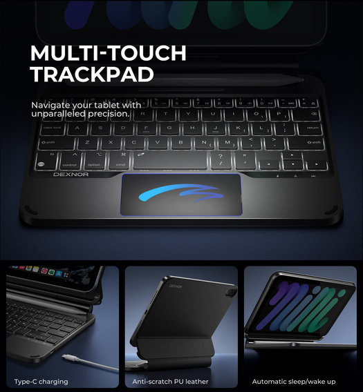 Etui z klawiaturą do iPad mini 8.3" 2021 (6 gen.) / iPad mini 8.3" 2024 (7 gen.), Dexnor Magnetic Keyboard Touchpad, czarne