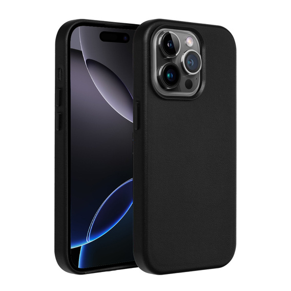 Skórzane Etui do MagSafe do iPhone 16 Pro Max, czarne + Szkło Hartowane 9H