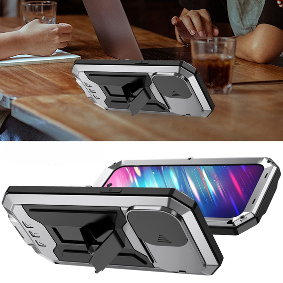 Etui do iPhone 14 Pro, R-JUST CamShield Slide, pancerne, srebrne / czarne