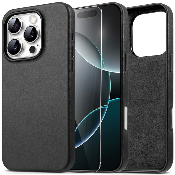 Etui skórzane do iPhone 16 Pro Max, ERBORD Leather MagSafe, czarne + Szkło na ekran