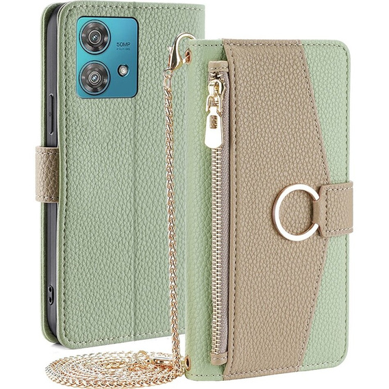 Etui z klapką do Motorola Edge 40 Neo 5G, Wallet Zipper Pocket, z lusterkiem, zielone
