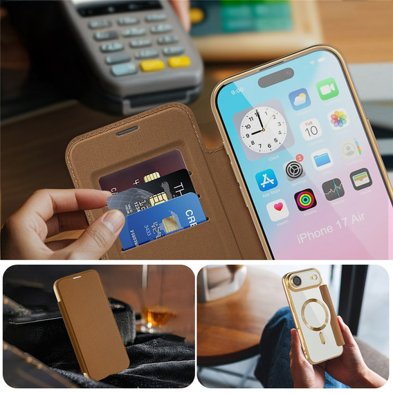 Etui z klapką do iPhone Air, RFID Wallet MagSafe z ochroną aparatu, brązowe