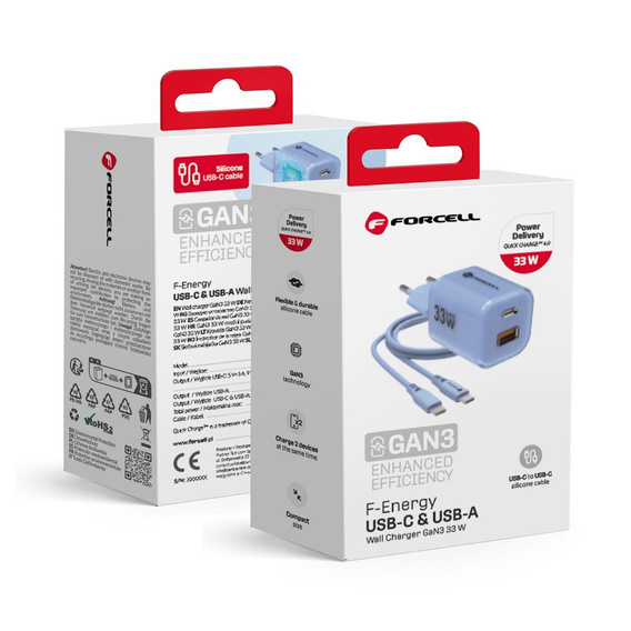 Ładowarka sieciowa Forcell VT-41 GaN III Crystal Color 33W – niebieska + kabel USB-C