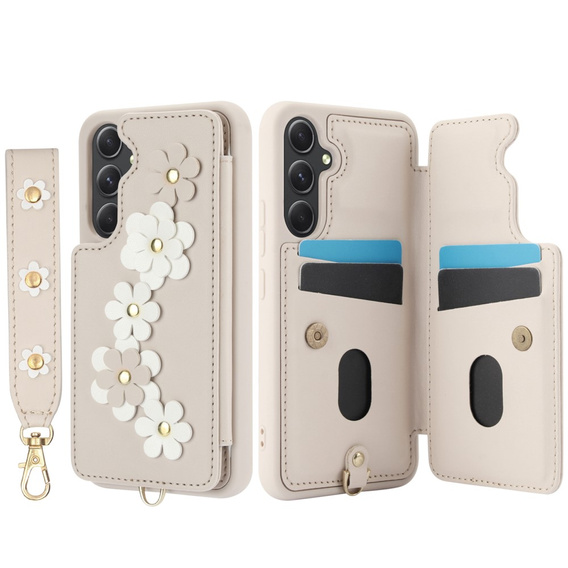 Etui do Samsung Galaxy A55 5G, Leather Flower Card Slot, beżowe