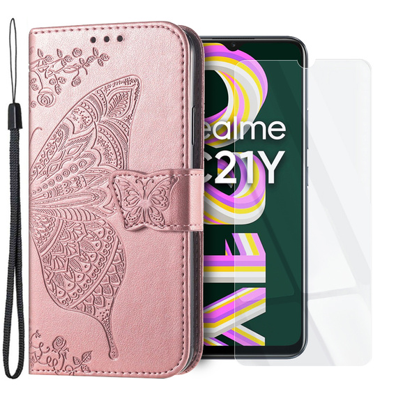 Zestaw Etui z klapką do Realme C21Y / C25Y, Motyl, Różowe rose gold + szkło