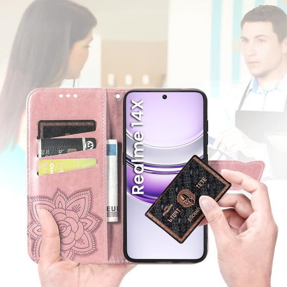 Etui z klapką do Realme 14X / Realme C75, Butterfly, różowe rose gold