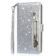 Etui z klapką do Samsung Galaxy A35 5G, Wallet Zipper Pocket Glittery, srebrne