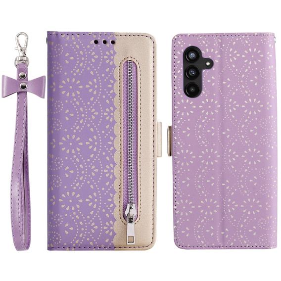Etui z klapką do Samsung Galaxy A54 5G, Wallet Pocket Zipper Lace, fioletowe