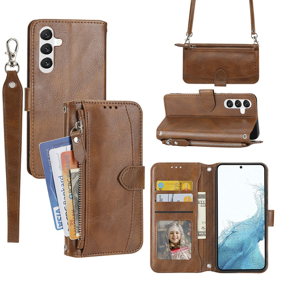 Etui z klapką do Samsung Galaxy A25 5G, Wallet Zipper Pocket, z paskiem na ramię, brązowe