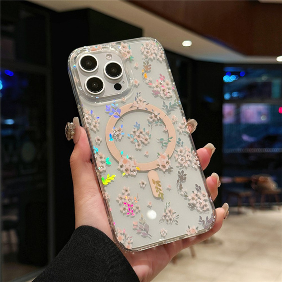 Etui magnetyczne z kwiatowym, laserowym wzorem do iPhone 16 Pro
