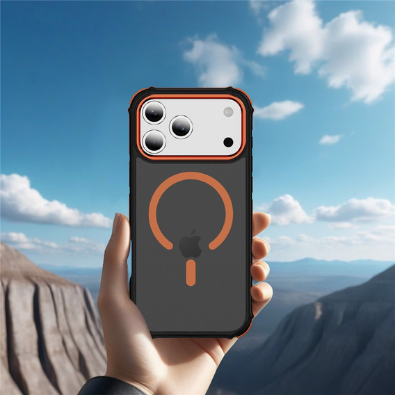 Etui Matt Case do iPhone 17 Pro, pancerne, do MagSafe, przydymione z pomarańczowymi bokami