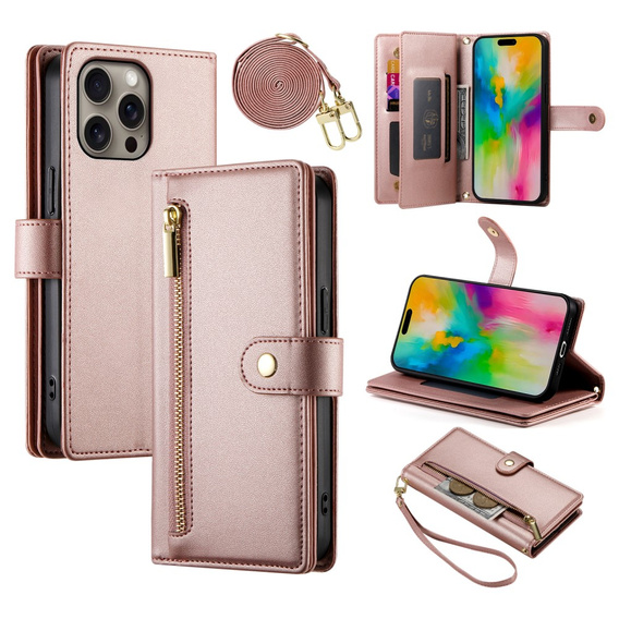 Etui z klapką do iPhone 16 Pro, Wallet Zipper Pocket, różowe