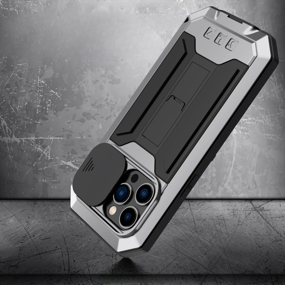 Etui do iPhone 14 Pro, R-JUST CamShield Slide, pancerne, srebrne / czarne