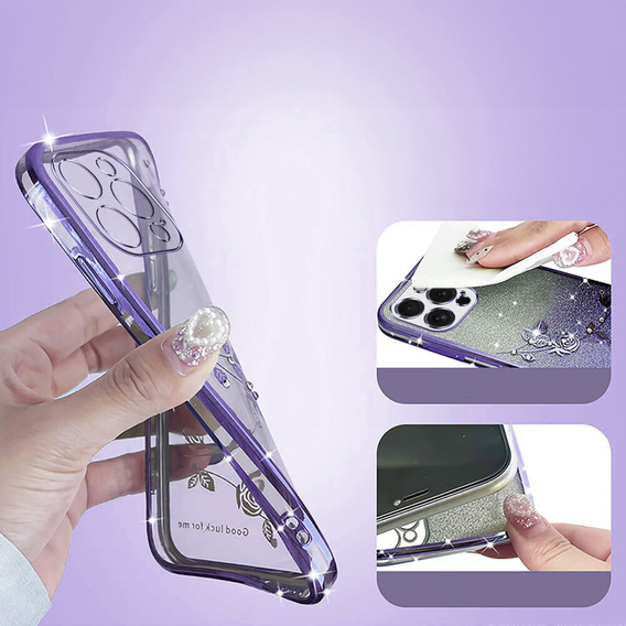 Etui do iPhone 16 Pro, Glitter Flower, fioletowe