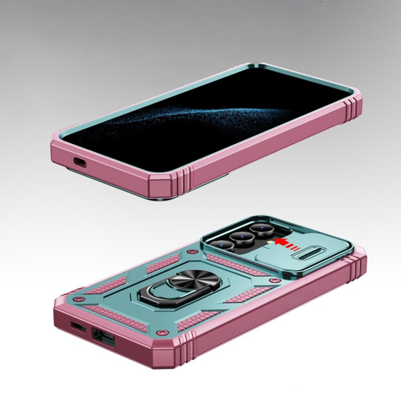Etui pancerne do Samsung Galaxy S24+ Plus, CamShield Slide, zielone / różowe