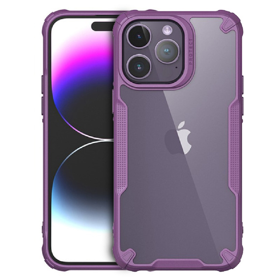 Etui do iPhone 14 Pro Max, pancerne, przezroczyste z fioletową ramką