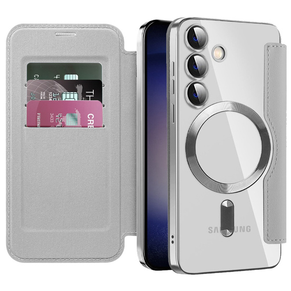 Etui z klapką do Samsung Galaxy S24, RFID Wallet MagSafe z ochroną aparatu, srebrne