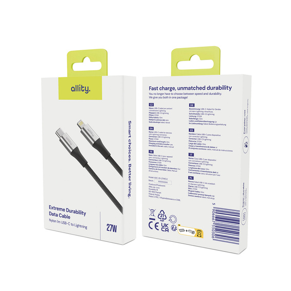 Przewód do ładowania Allity 27W z USB-C na Lightning, 1 m – czarny