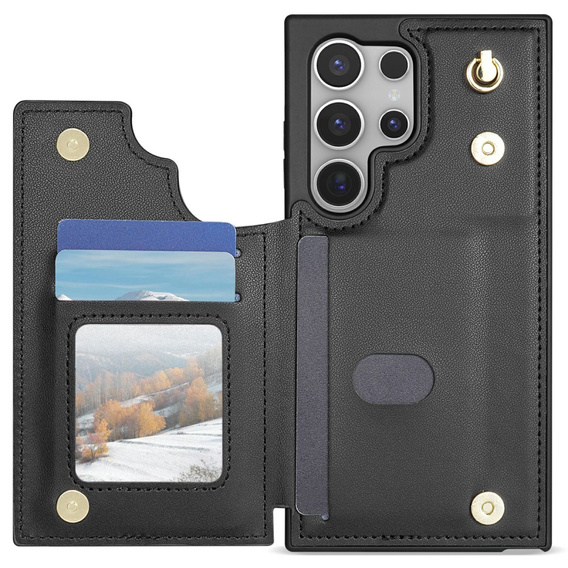 Etui do Samsung Galaxy S25 Ultra z kieszeniami na karty, paskiem i funkcją podstawki – czarne