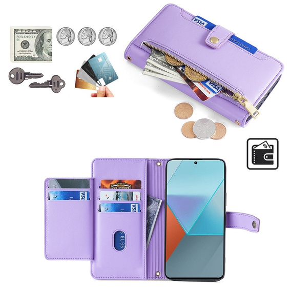 Etui z klapką do Xiaomi Redmi Note 13 Pro 5G, Wallet Zipper Pocket, fioletowe