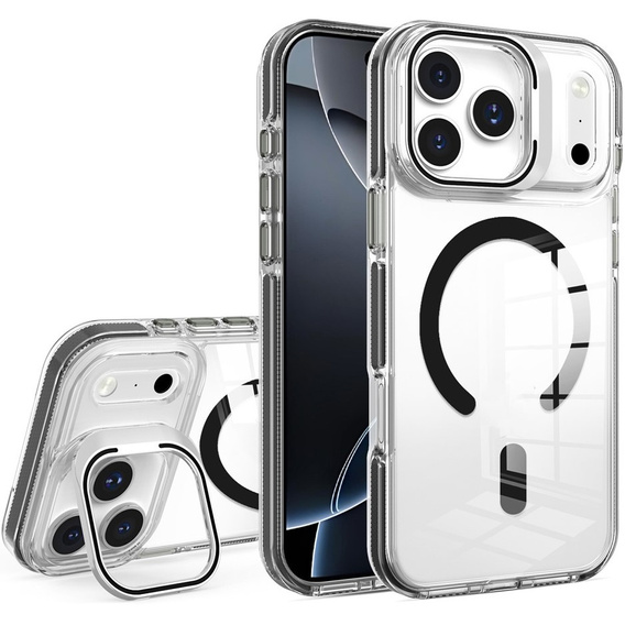 Etui do iPhone 17 Pro, do MagSafe, z podstawką, transparentne z czarnymi wstawkami