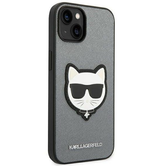 Etui Karl Lagerfeld do iPhone 14, Saffiano Choupette Head Patch, srebrne