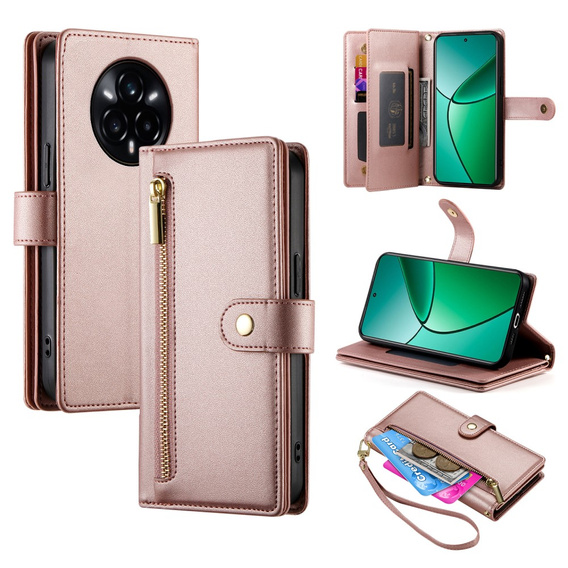 Etui z klapką do Realme 14 Pro 5G, Wallet Zipper Pocket, różowe
