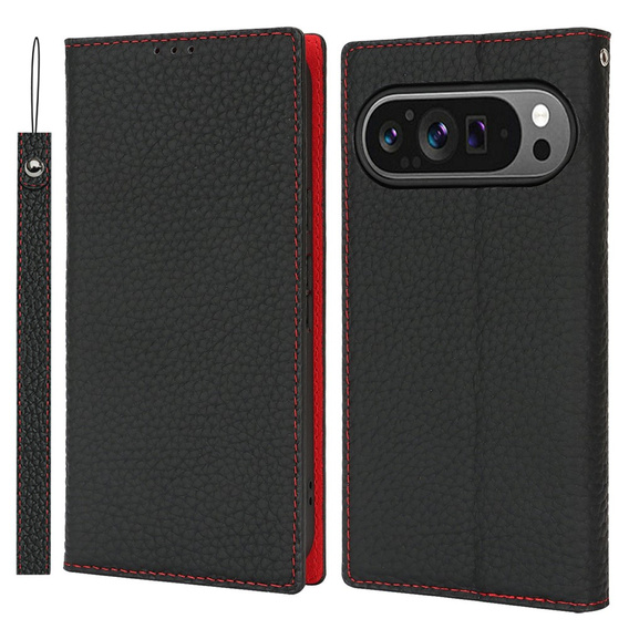 Etui z klapką do Google Pixel 10 / 10 Pro, skórzane Litchi Grain, czarne