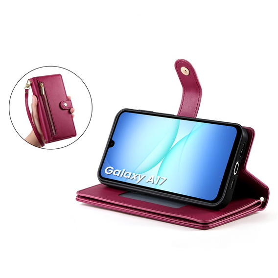 Etui z klapką do Samsung Galaxy A17 5G, Wallet Zipper Pocket, portfelowe, czerwone