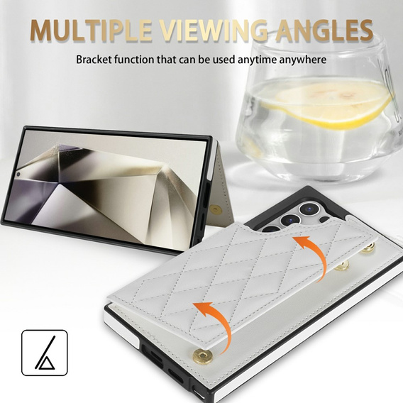 Etui do Samsung Galaxy S25 Ultra z kieszeniami na karty, paskiem i funkcją podstawki – białe