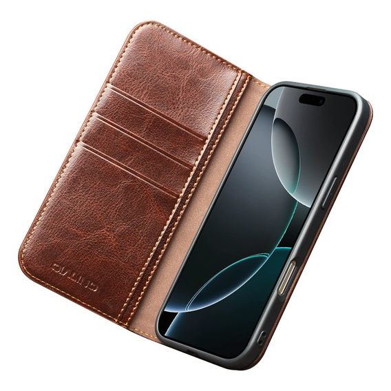 Etui ze skóry z klapką QIALINO Genuine Cow Leather do iPhone 17 Pro Max, brązowy