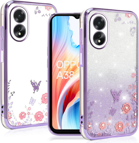 Etui do Oppo A18 4G / A38 4G, Glitter Flower, fioletowe