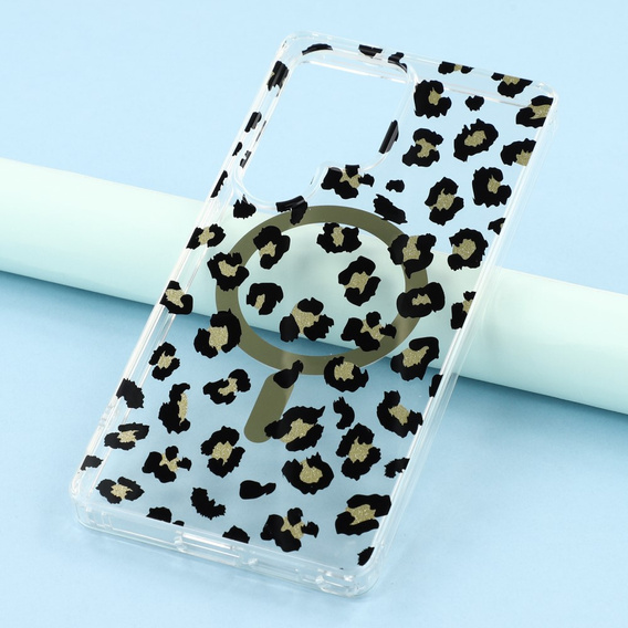 Etui magnetyczne do Samsung Galaxy S25 Ultra – przezroczyste z nadrukiem panterki, czarne