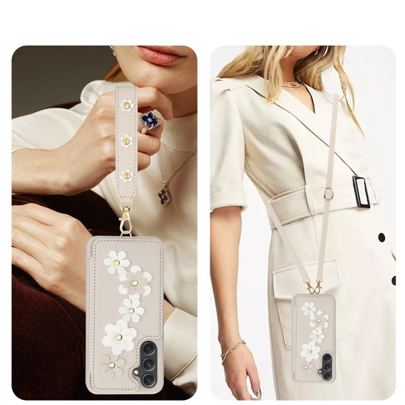 Etui do Samsung Galaxy A55 5G, Leather Flower Card Slot, beżowe