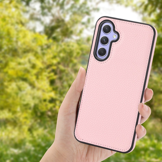Etui skórzane do Samsung Galaxy S23 FE + Szkło Hartowane 9H, Obudowa Lychee leather Case, różowe