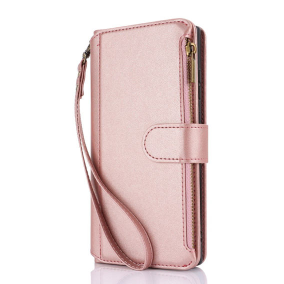 Etui z klapką do Samsung Galaxy S24 Ultra, Wallet Zipper Pocket RFID, z paskiem na ramię, różowe rose gold