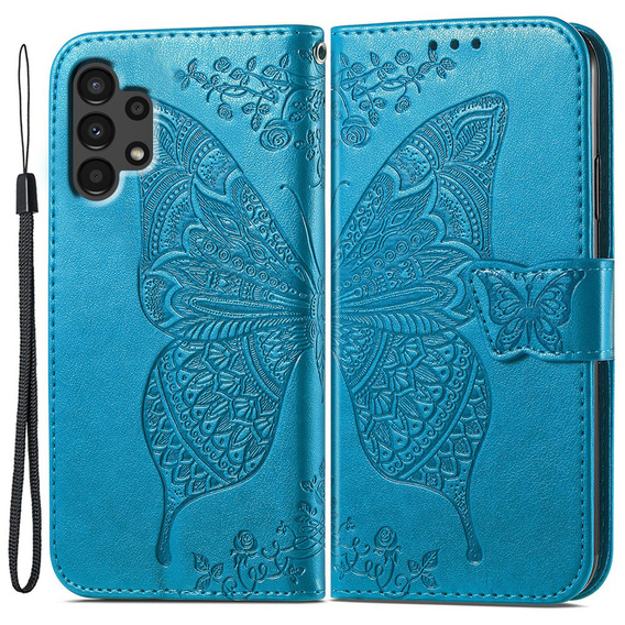 Zestaw Etui z Klapką do Samsung Galaxy A13 4G, Motyl, Niebieskie + szkło