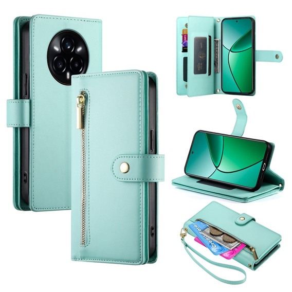 Etui z klapką do Realme 14 Pro 5G, Wallet Zipper Pocket, miętowe