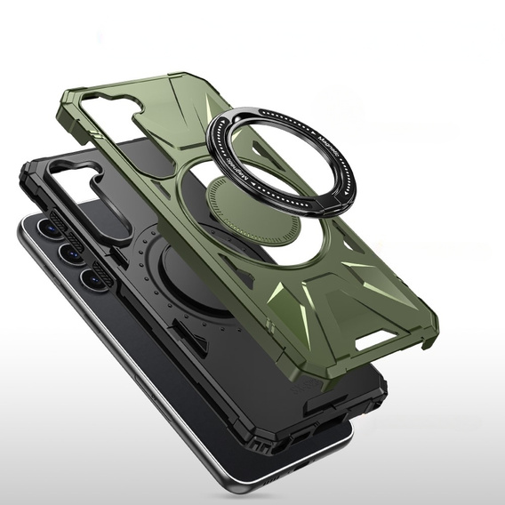 Etui do Samsung Galaxy S24, pancerne z podstawką i blaszką do uchwytu, zielone