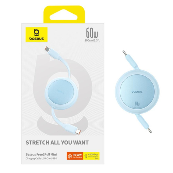 Baseus Free2Pull Mini – zwijany kabel USB-C 60W 1m - niebieski